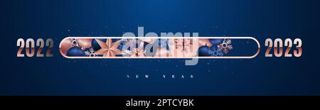 Progress bar filled with Christmas gifts, Christmas decorations and snowflakes. Loading bar counting down for New years eve. Happy New Year 2023. Stock Photo