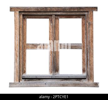 front view closeup of weathered vintage wooden brown window frame isolated on white background Stock Photo