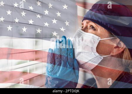 Prayerful Stressed Female Doctor or Nurse On Break At Window Wearing ...