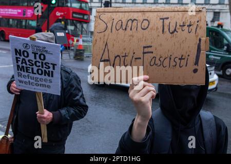 London, UK. 27th April, 2023. Activists from Stand Up To Racism protest outside Downing Street during a bilateral meeting there between UK Prime Minister Rishi Sunak and far-right Prime Minister of Italy Giorgia Meloni. Giorgia Meloni, Italy's first far-right leader since World War Two, is on a 2-day visit to the UK and topics to be discussed at the bilateral meeting in 10 Downing Street are expected to include trade, defence, migration and Ukraine. Credit: Mark Kerrison/Alamy Live News Stock Photo