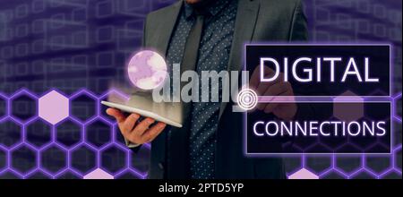 Text sign showing Digital Connections, Business showcase virtual network linking user to his or her contacts Man With Tablet And Digital Patterns Show Stock Photo