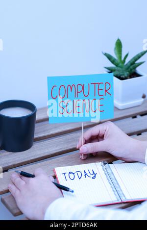 Handwriting text Computer Science, Conceptual photo instruct and help users acquire proficiency in computer Woman Holding Pen And Important Informatio Stock Photo