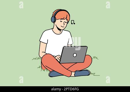 Guy sitting on grass outdoors working on laptop wearing earphones. Happy man relax outside with computer listen to music in headphones. Vector illustr Stock Photo