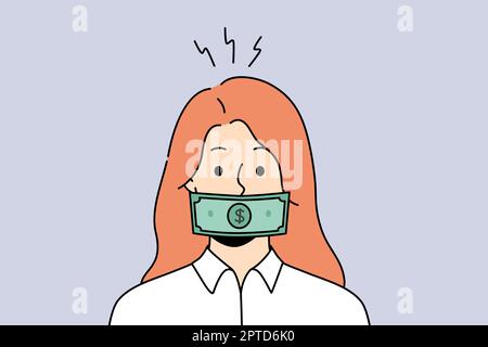 Woman with dollar banknote on mouth get bribe. Female with money covering face engaged in corruption and bribery. Vector illustration. Stock Photo