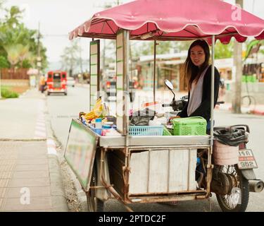 Ready to welcome the days customers. Portrait of a young food vendor waiting by her stall in Thailand Stock Photo