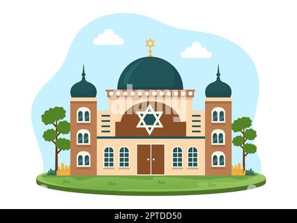 Synagogue Building or Jewish Temple with Religious, Hebrew or Judaism and Jew Worship Place in Template Hand Drawn Cartoon Flat Illustration Stock Photo