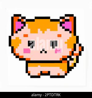 Classic 8 bit pixel art illustration of cute kitten. Retro 8 bit pixel art style simple illustration of cute kitten used in old arcade games played on Stock Photo