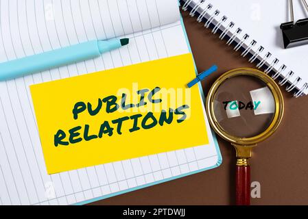 Conceptual caption Public Relations, Word Written on state of the relationship between the public and a company Stock Photo