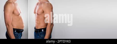 Before After Man Body Fat And Fit Abs Stock Photo