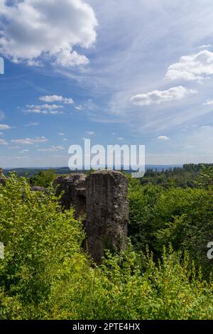 Ancient castle ruin called Greifenstein in the same called german village at summer Stock Photo