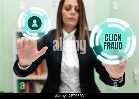 Text showing inspiration Click Fraud, Word for practice of repeatedly clicking on advertisement hosted website Stock Photo