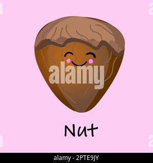 Funny cartoon almond nut character with brown dried fur coat with separated elements for vegetarian and healthy eating. Stock Vector