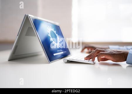 Business Computer Online Update. Software Upgrade Progress Stock Photo