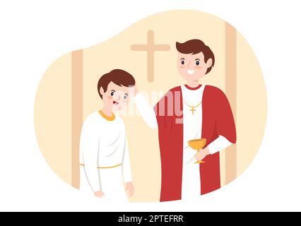 Pastor Giving a Sermon of God in Cassock at a Catholic Church from Pulpit and Baptism in Flat Cartoon Hand Drawn Templates Illustration Stock Photo
