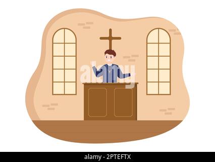 Pastor Giving a Sermon of God in Cassock at a Catholic Church from Pulpit and Baptism in Flat Cartoon Hand Drawn Templates Illustration Stock Photo