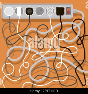 Electrical wires and chargers on orange background. A mess of cables from several extension cords. Cable management. Stock Photo