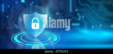 Shield with Padlock icon on Circuit board and Network wireframe with binary code over blue background abstract. Cyber attack block, Cyber data, and In Stock Photo