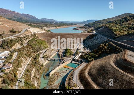 Reservoir of Yesa in Zaragoza province Spain, with water level due to little rain Stock Photo