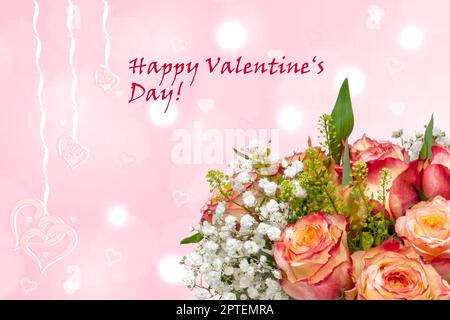 Happy Valentines Day greeting card or banner. Decorative bouquet of roses flowers over abstract light pink hearts background with Valentine text. Them Stock Photo