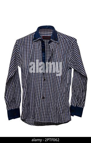 Checked shirts. Close-up of a blue gray and white tartan or plaid shirt for mens isolated on a white background. Clipping path. Summer fashion of mans Stock Photo