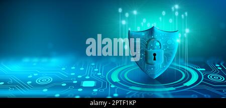 Shield with Padlock icon on Circuit board and Network wireframe with binary code over blue background abstract. Cyber attack block, Cyber data, and In Stock Photo