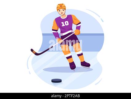 Hockey team label vector illustration. ice hockey player in helmet, uniform  and skates, puck with text. sport or fan