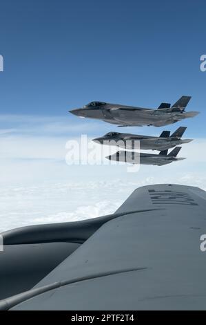 An F-35 Lightning II with the 115th Fighter Wing approaches a KC-135 ...