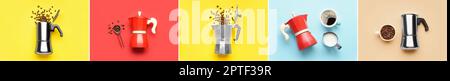 Set of geyser coffee makers on color background, top view Stock Photo