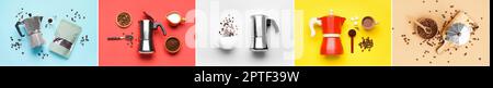 Collage of geyser coffee makers on color background, top view Stock Photo