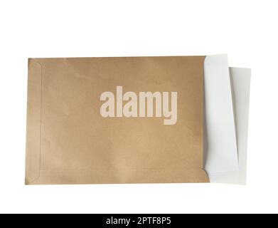a brown paper envelope containing a few white sheets of paper on a transparent background Stock Photo
