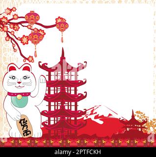 Mid-Autumn Festival for Chinese New Year- card with Maneki Neko Cat wishing Good Luck Stock Photo