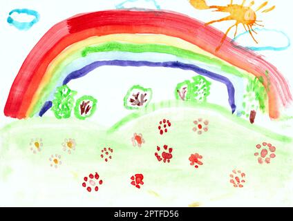 Joy children drawing with rainbow and flowers on hill. Kid's drawing with  flowers and colorful..., Stock Photo, Picture And Rights Managed Image.  Pic. WD5-3917119 | agefotostock
