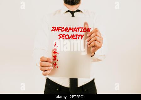 Hand writing sign Information Security, Word for INFOSEC Preventing Unauthorized Access Being Protected Stock Photo