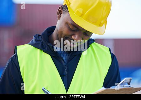 Logistics shipping and checklist by black man engineer writing