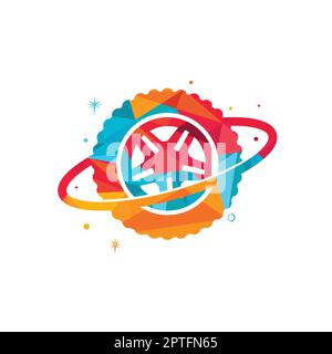 Tire world vector logo template. Vector wheel and planet logo combination. Stock Vector