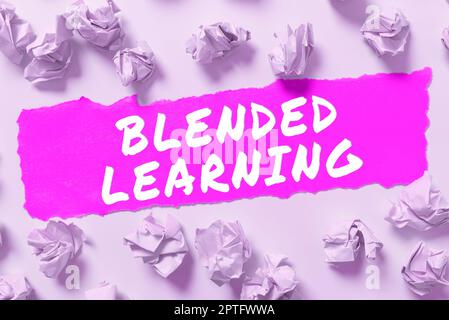 Text caption presenting Blended Learning, Word for combines traditional classroom lessons with online teaching Stock Photo
