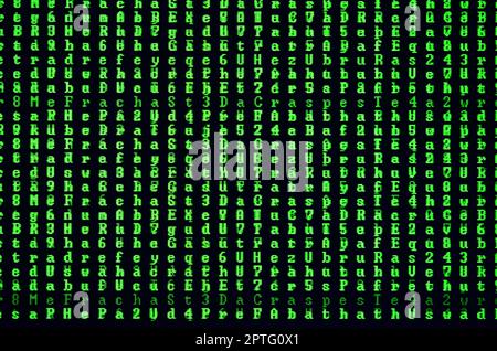 Macro shot of a glitch on the monitor of an office computer. The concept of introducing a virus into a personal data keeper. Stream of random green sy Stock Photo