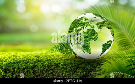 Concept Save the world save environment The world is in the grass of the green bokeh background Stock Photo