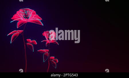 red flowers glowing drawing of roses on black copy space background ...