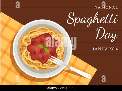 National Spaghetti Day on 4th January with a Plate of Italian Noodles or Pasta Different Dishes in Flat Cartoon Hand Drawn Template Illustration Stock Photo