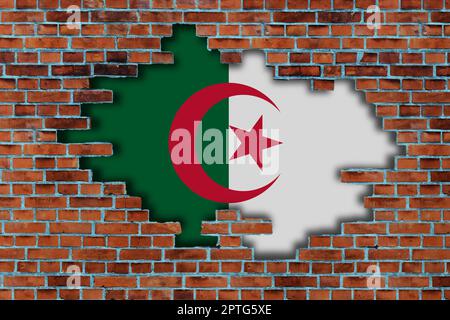 3D Flag of Algeria behind the broken old stone wall background Stock ...