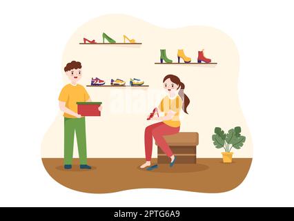 Shoe Store with New Collection Men or Women Various Models or Colors of Sneakers and High Heels in Flat Cartoon Hand Drawn Templates Illustration Stock Photo