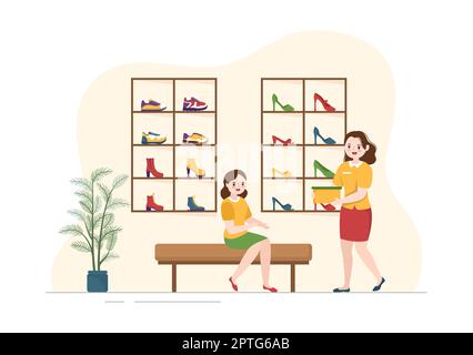 Shoe Store with New Collection Men or Women Various Models or Colors of Sneakers and High Heels in Flat Cartoon Hand Drawn Templates Illustration Stock Photo