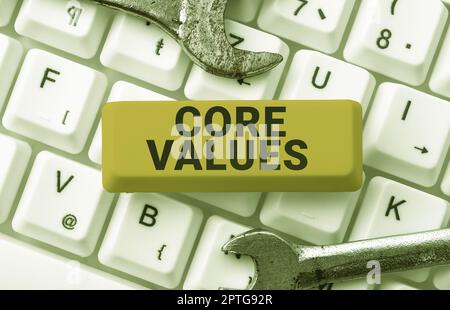 Text caption presenting Core Values, Word Written on principles which guide and determine what is wrong and right Stock Photo