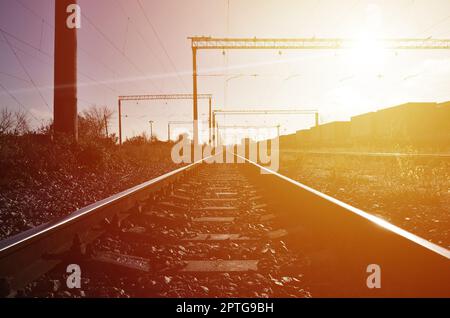 Railway landscape. Many railroad cars and tanks standing in rails Stock Photo