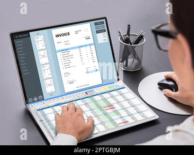 Business Data Audit Spreadsheet On Analyst Computer Stock Photo