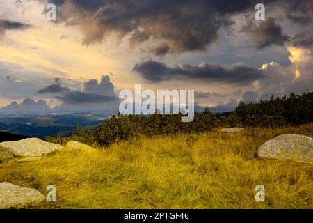 Sunny October view of the Sudetes. Stock Photo