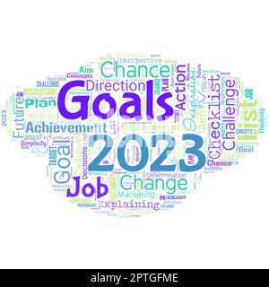 Big word cloud in the shape of UFO with words goals 2023. Stock Photo