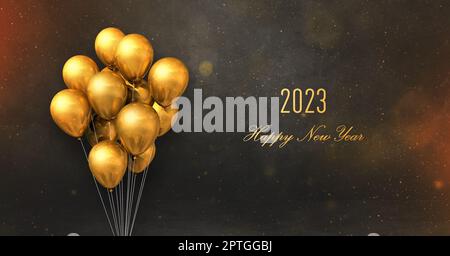 2023 Happy new year greeting card with blank copy space. Gold balloons on black background Stock Photo