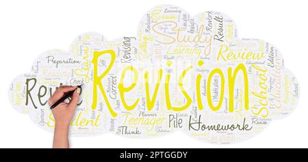 Big word cloud in the shape of cloud with hand and pen with word revision. Stock Photo